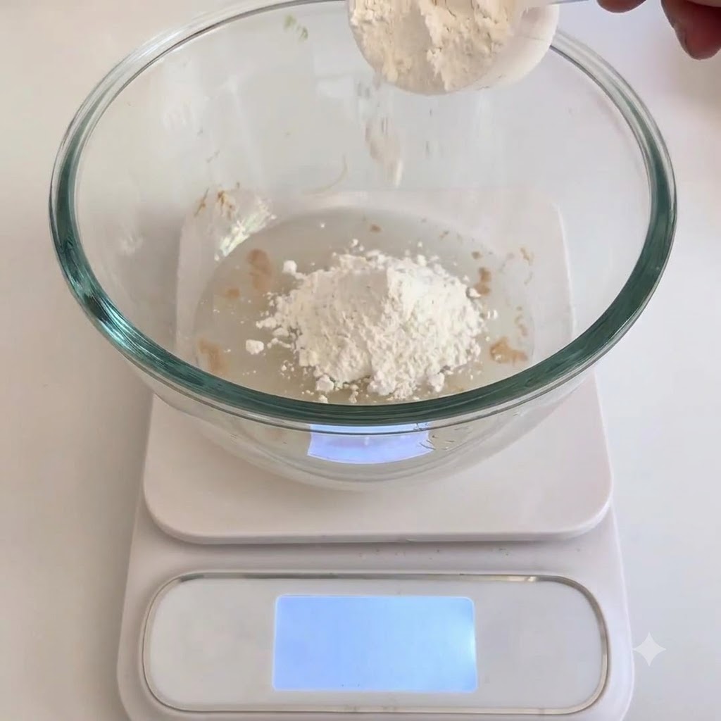 Mehl und Salz werden in eine Glasschüssel mit Wasser und Hefe gegeben.