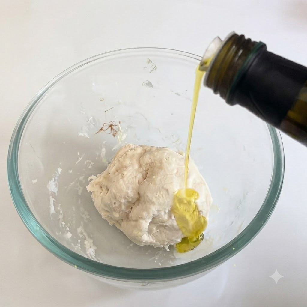 Olivenöl fließt auf eine Teigkugel in einer Glasschüssel.
