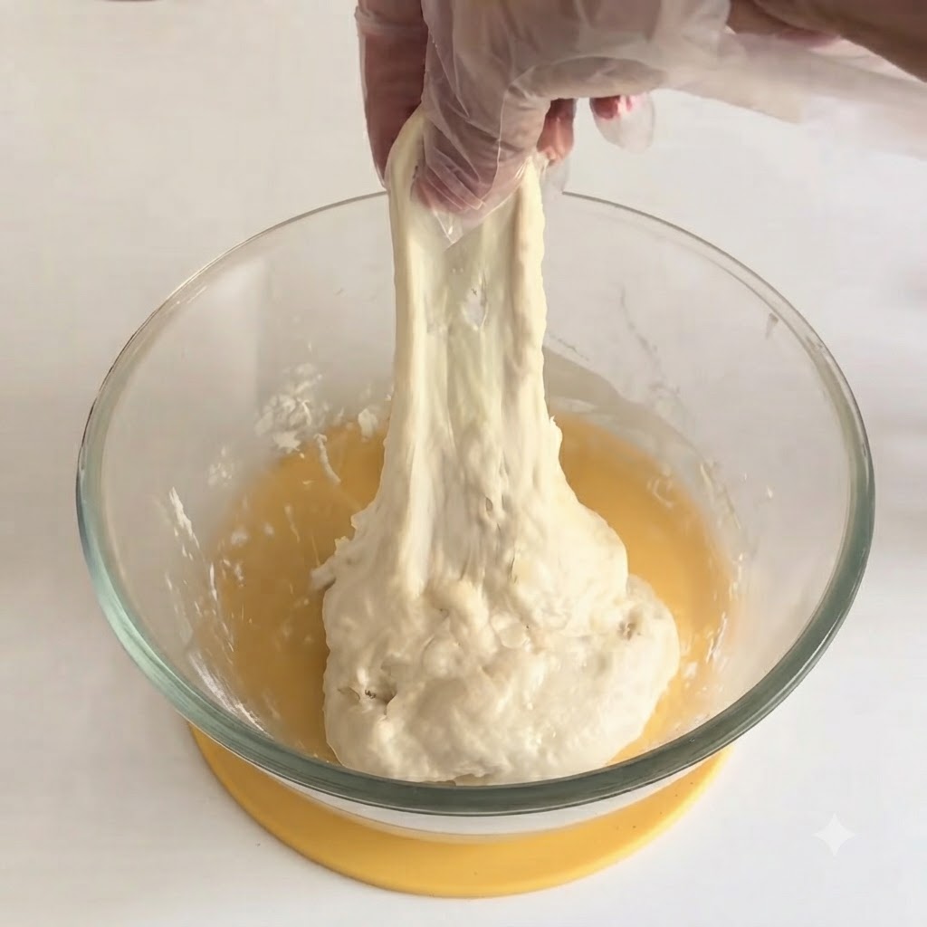 Eine behandschuhte Hand zieht Pizzateig aus einer Schüssel nach oben.