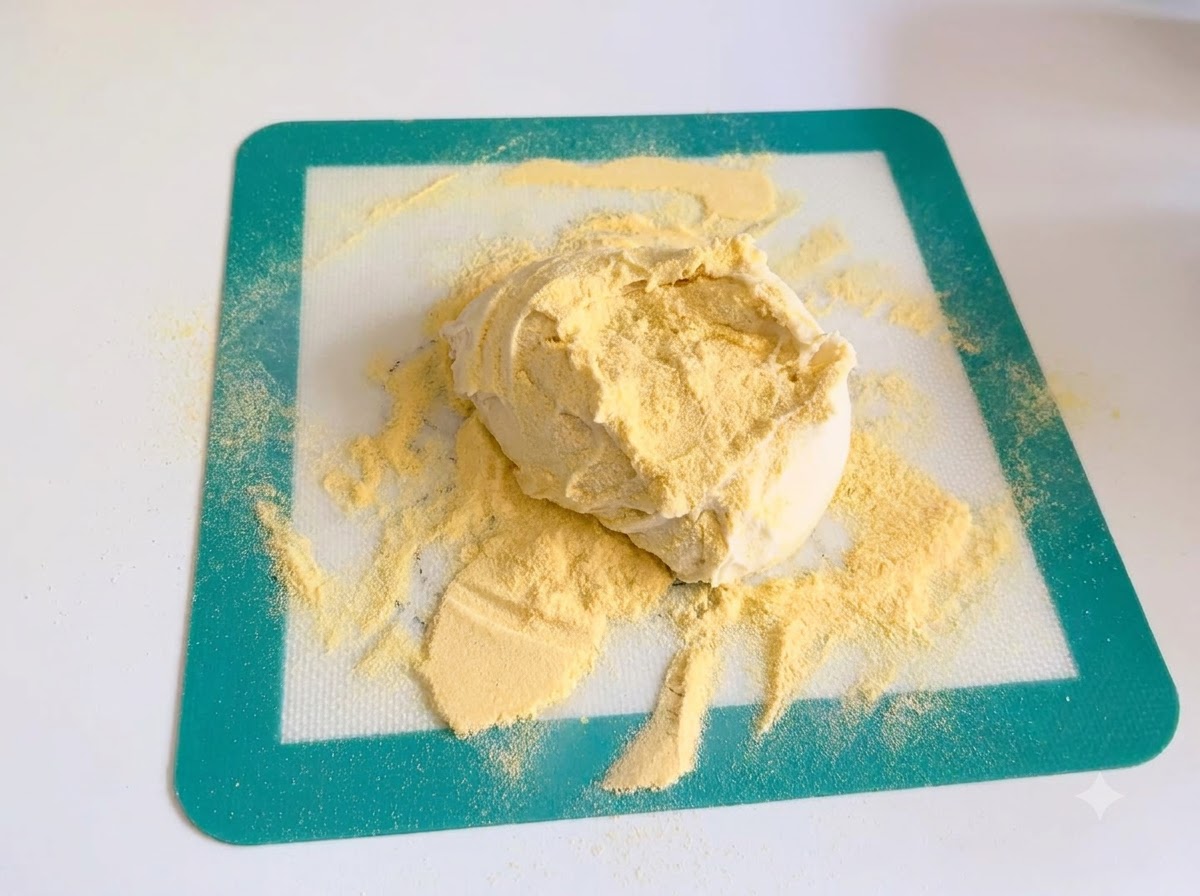 Teig auf einer Silikonmatte mit einer Schicht gelbem Maisgrieß.
