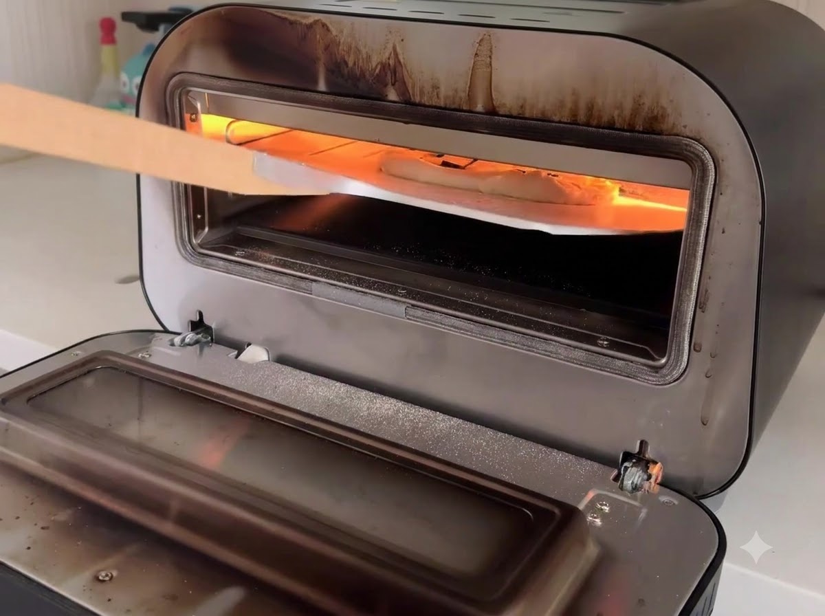 Pizza wird mit einem Holzschieber in den heißen Innenraum eines kompakten Backofens geschoben.