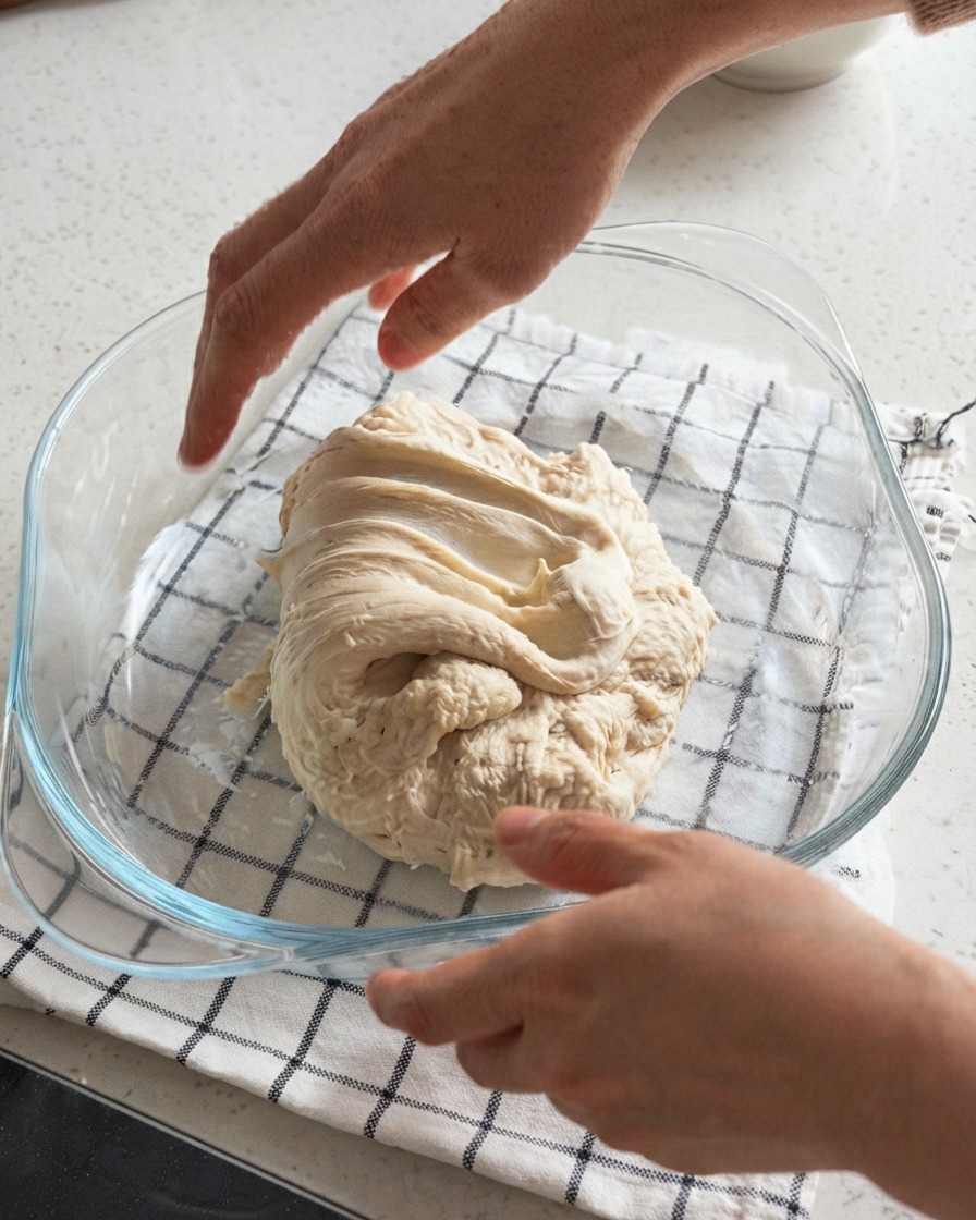 Hände greifen in einen klaren Glasbehälter, um eine Kugel Pizzateig zu dehnen und zu falten.