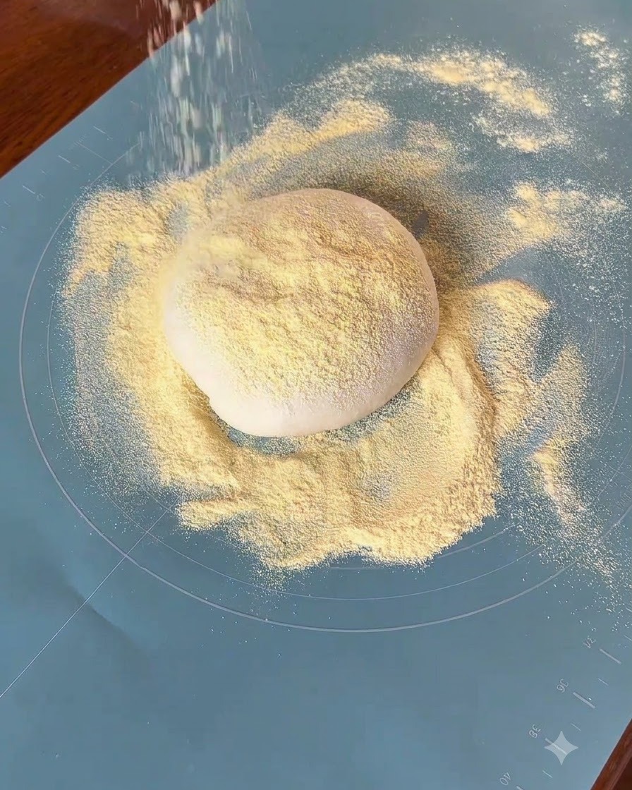 Gelber Maisgrieß wird von oben auf eine runde Pizzateigkugel auf einer blauen Silikon-Backmatte gestreut.