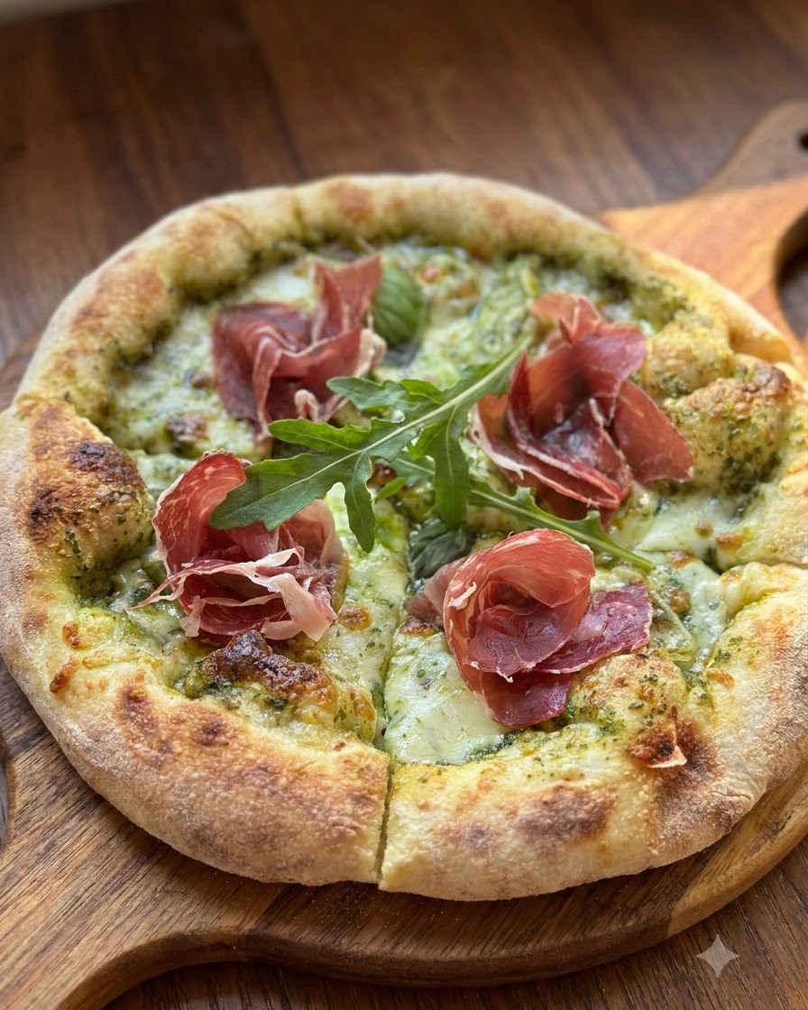Eine frisch gebackene Pizza auf einem Holzbrett, verziert mit Schinken- und frischen grünen Rucolablättern.