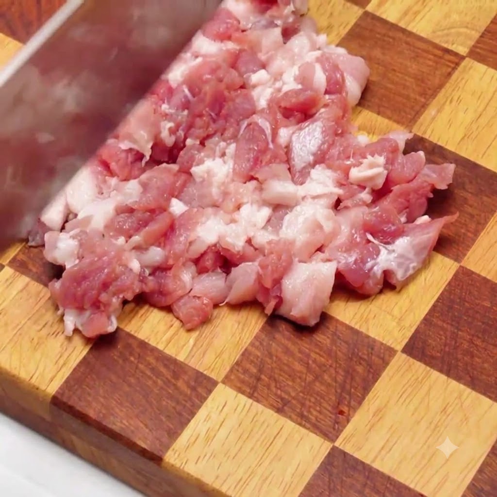 Schweinebauch wird auf einem Holzschneidebrett mit einem scharfen Messer sorgfältig in kleine Würfel geschnitten.