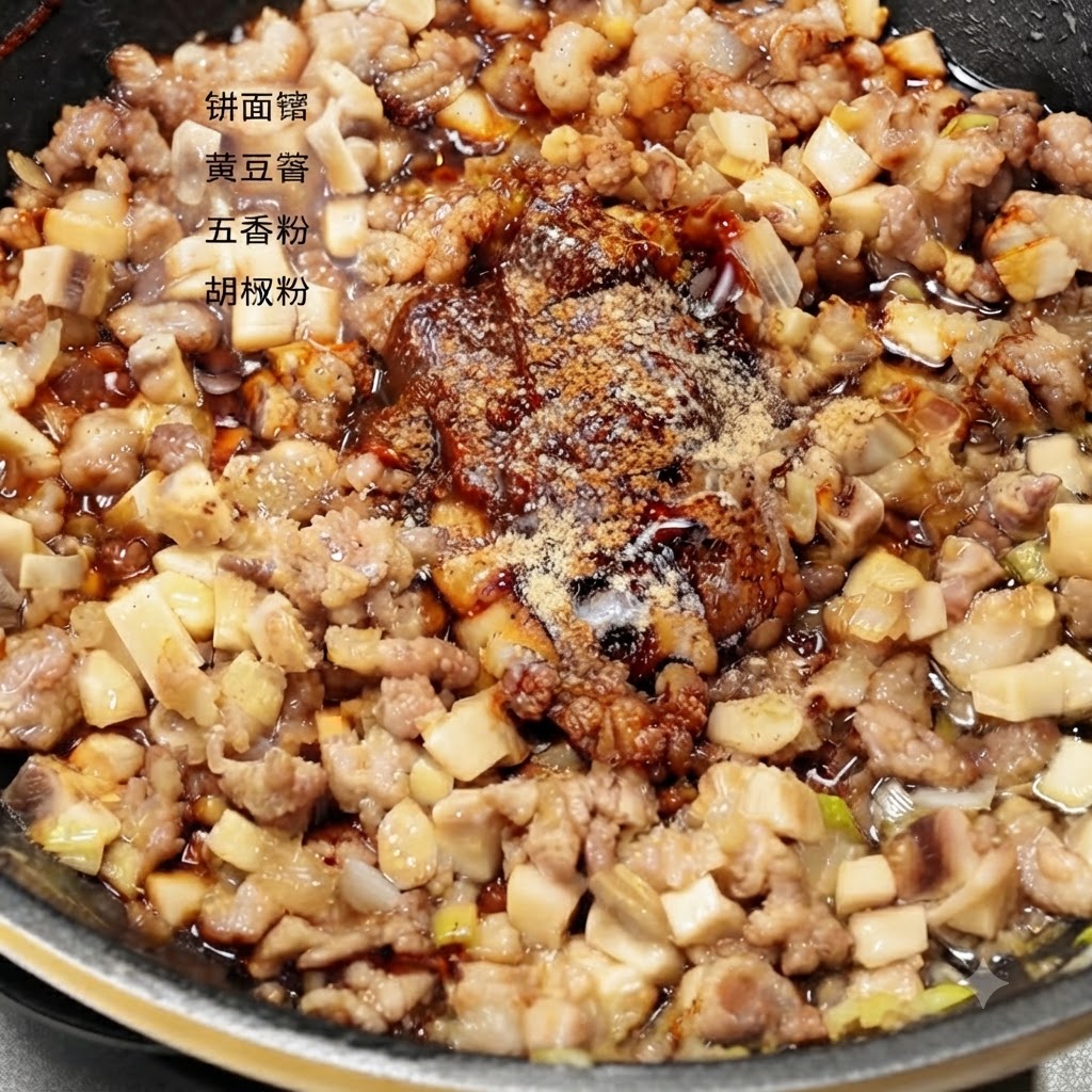 Klares Wasser wird in die Pfanne mit gebräuntem Hackfleisch, gewürfelten Champignons und gemischten Saucen gegossen.
