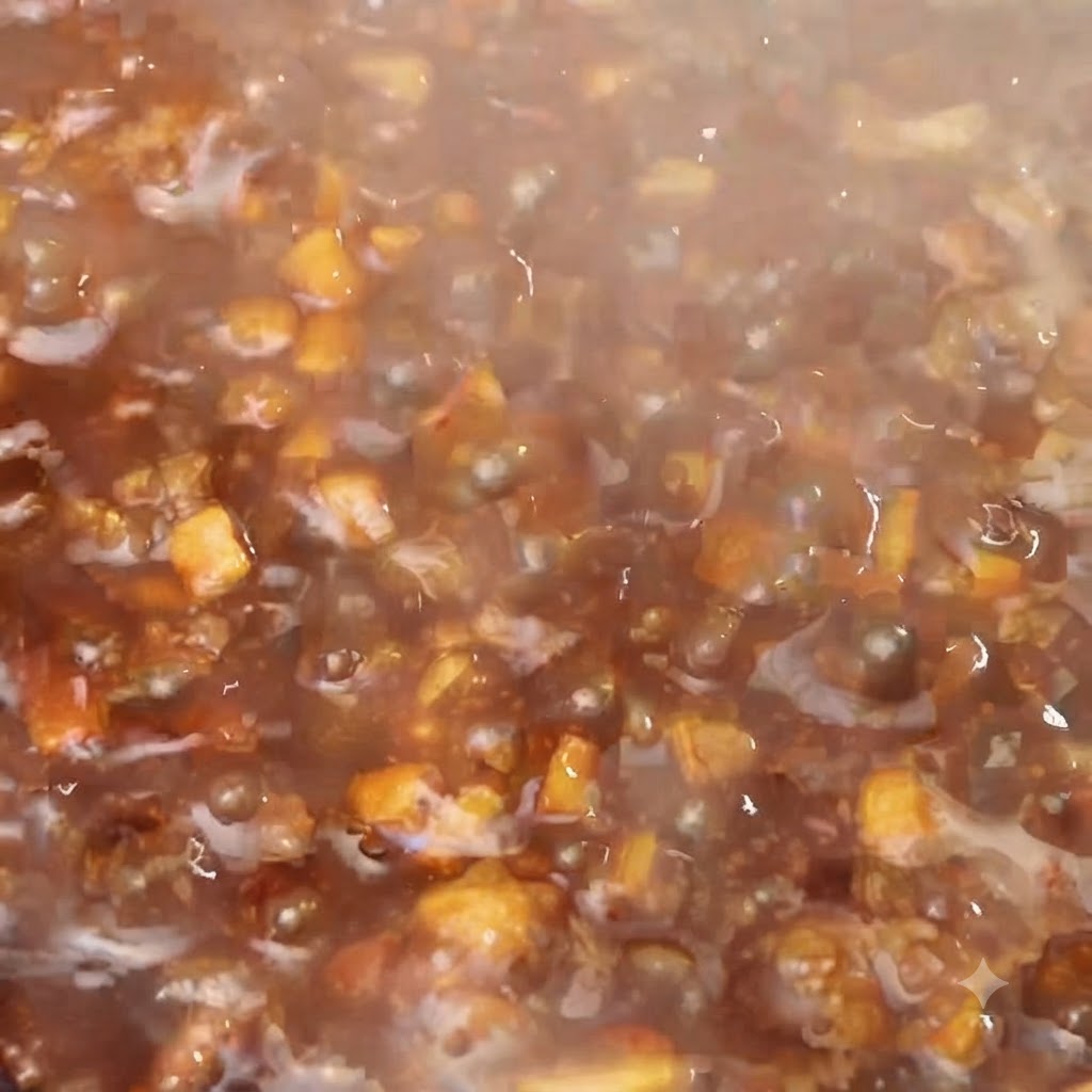 Stärkewasser wird in die blubbernde Fleischsauce in der Pfanne geträufelt.