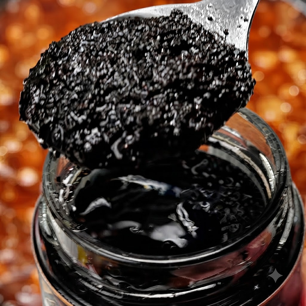Ein Löffel schwarze Trüffelpaste wird über ein Glas gehalten, bereit, dem Gericht hinzugefügt zu werden.