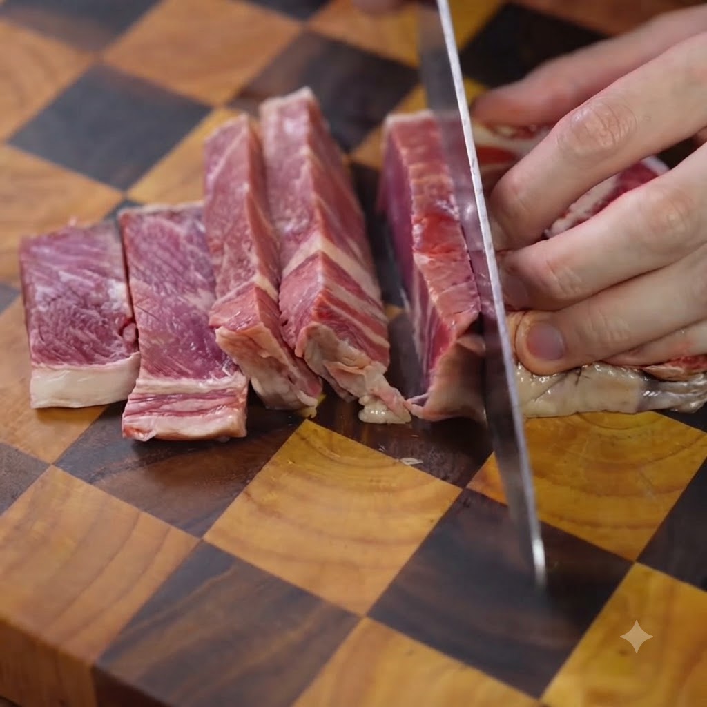 Ein scharfes Küchenmesser schneidet rohes Ribeye-Steak auf einem Holzschneidebrett in gleichmäßige Streifen.