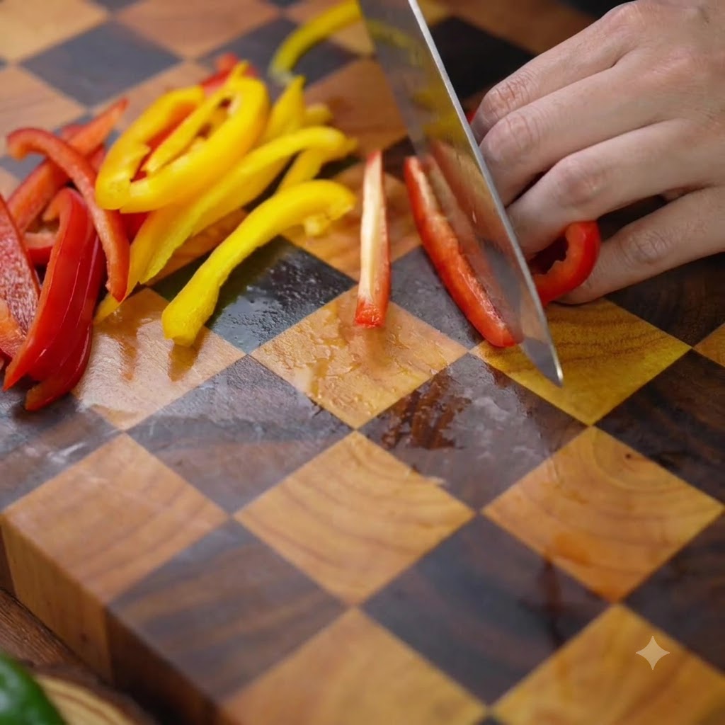Gelbe und rote Paprika werden auf einem karierten Holzschneidebrett in dünne Streifen geschnitten.