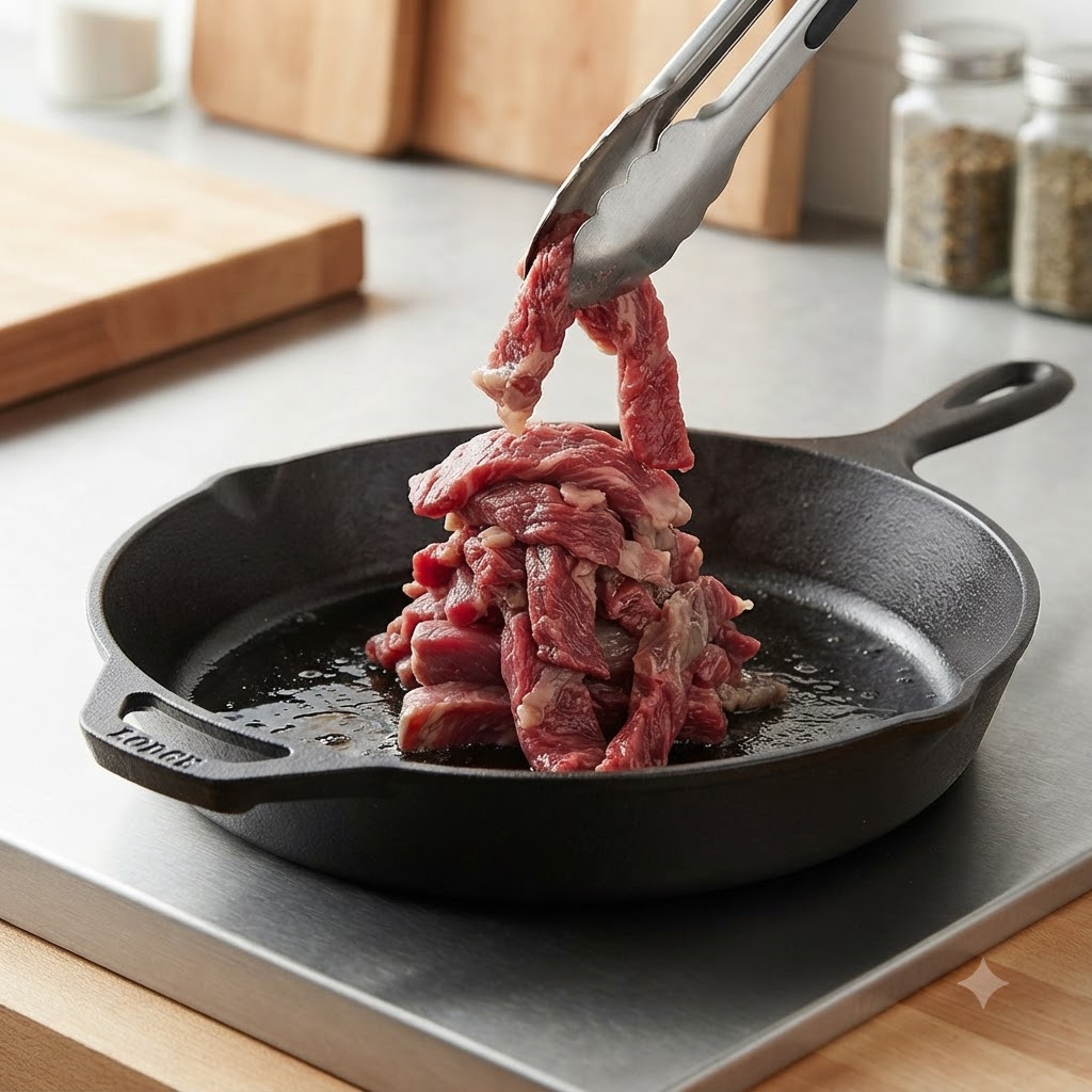 Fleischstreifen werden in einer heißen Gusseisenpfanne mit einer Zange angebraten, bis sie bräunen.