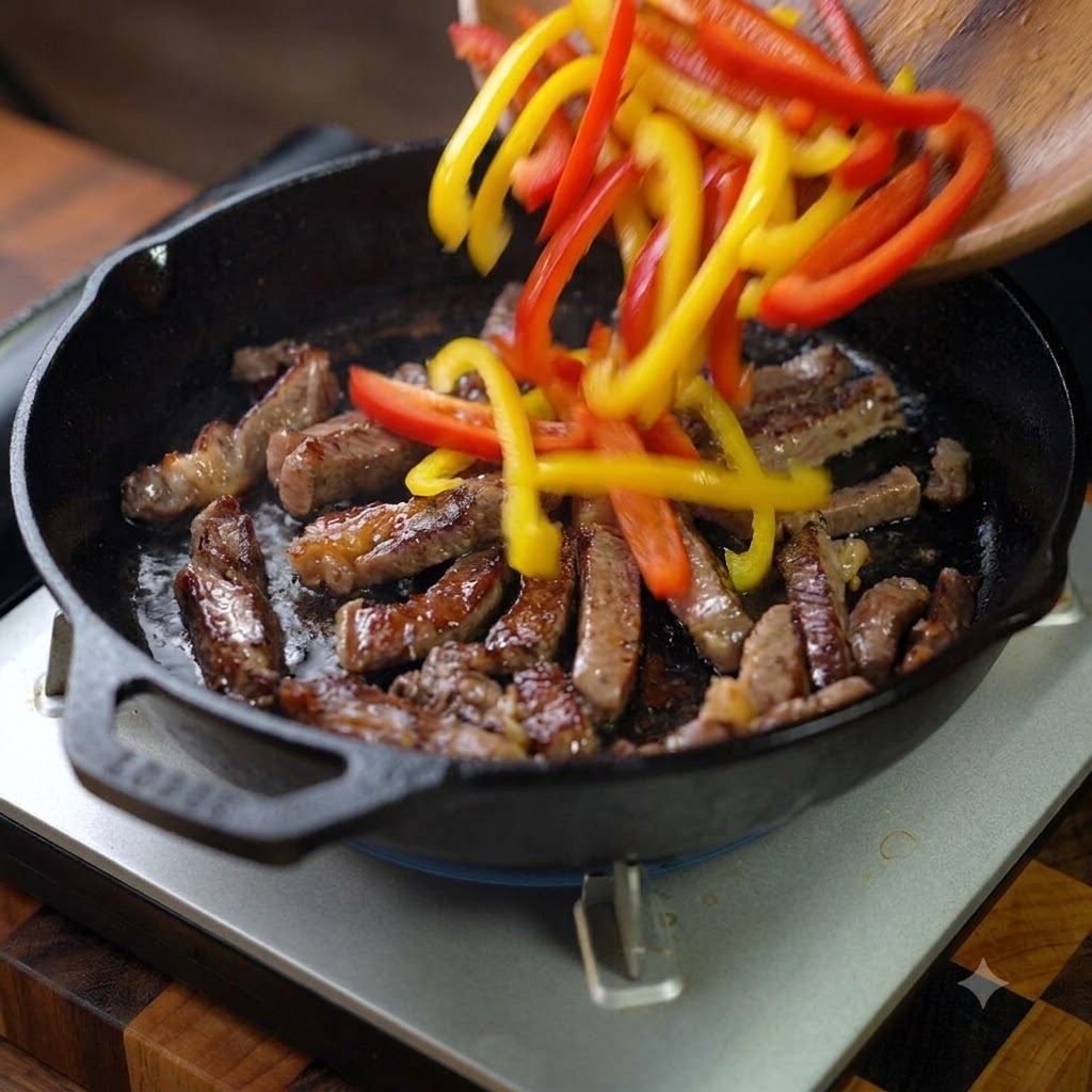 Geschnittene rote und gelbe Paprika werden in der Pfanne zum Fleisch gegeben und zusammen angebraten.