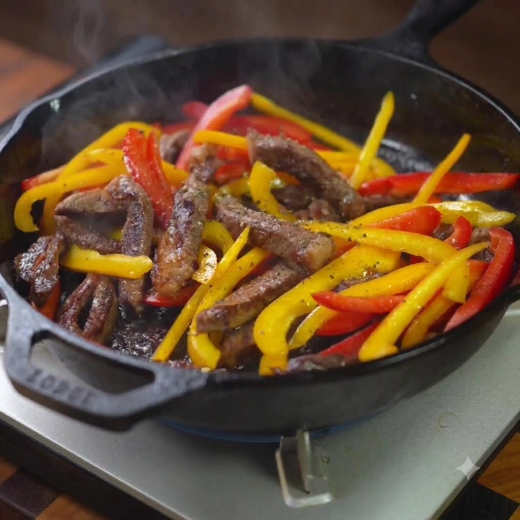 Salz und schwarzer Pfeffer werden über die Fleisch-Paprika-Mischung in der Pfanne gestreut.