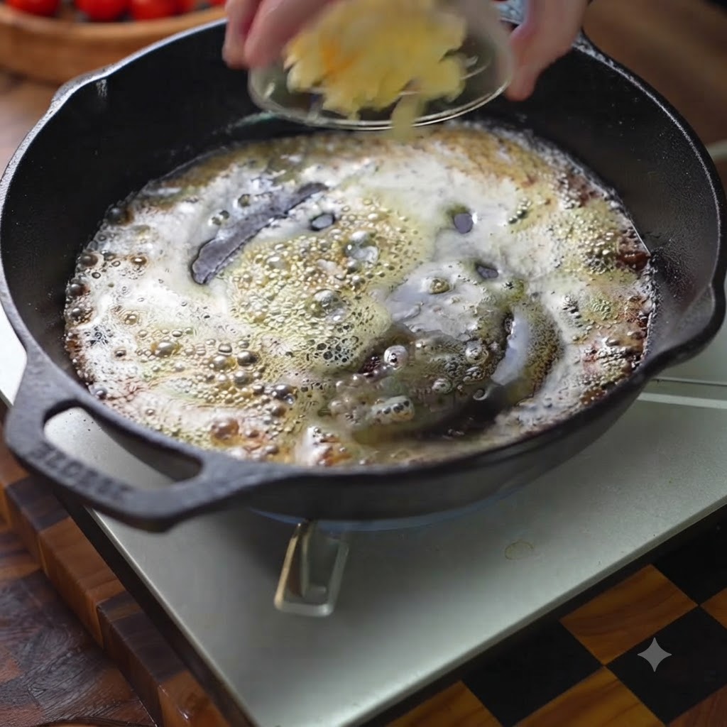 Gehackter Knoblauch und gewürfelte Zwiebeln brutzeln in geschmolzener Butter in einer dunklen Gusseisenpfanne.