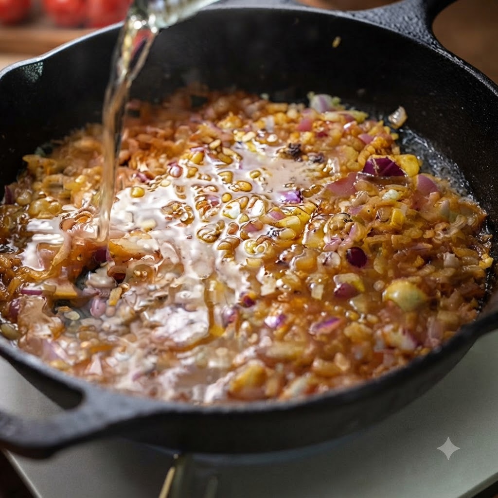 Ein Schuss Weißwein fließt in eine Gusseisenpfanne mit gedünsteten Zwiebeln und Knoblauch.