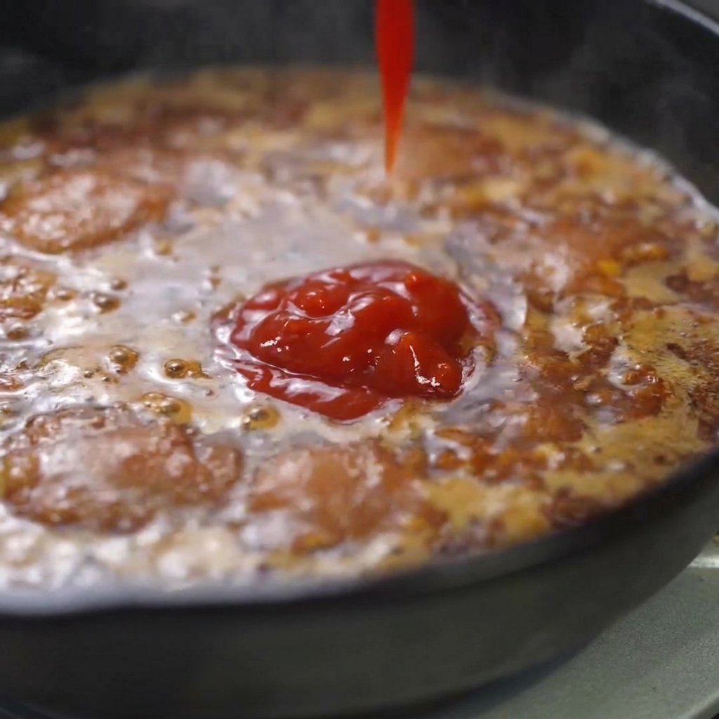 Tomatenmark und Sojasauce werden in die köchelnde Pfannensauce gegeben.