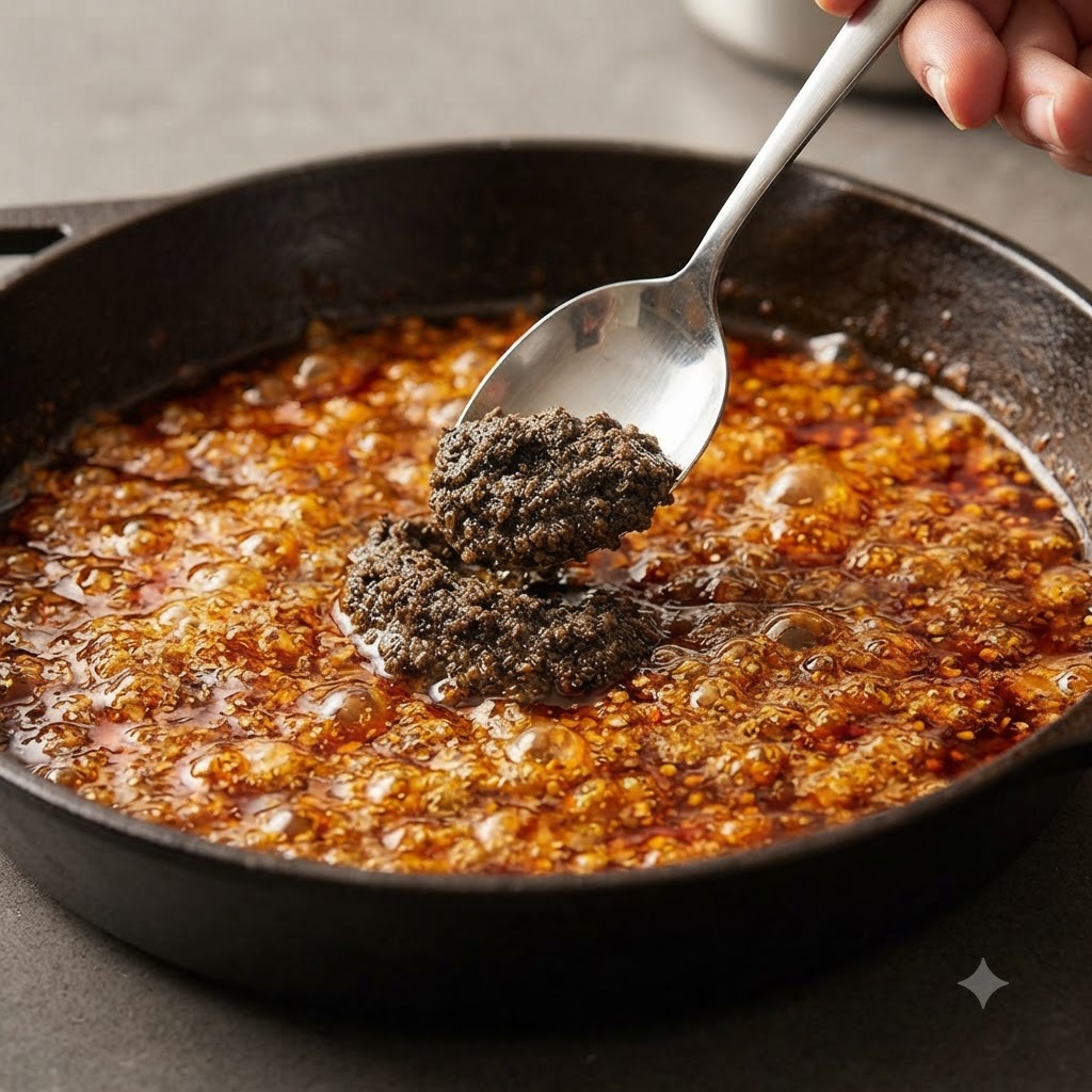 Ein silberner Löffel hält schwarze Trüffelpaste über eine köchelnde, dunkelbraune Pfannensauce.