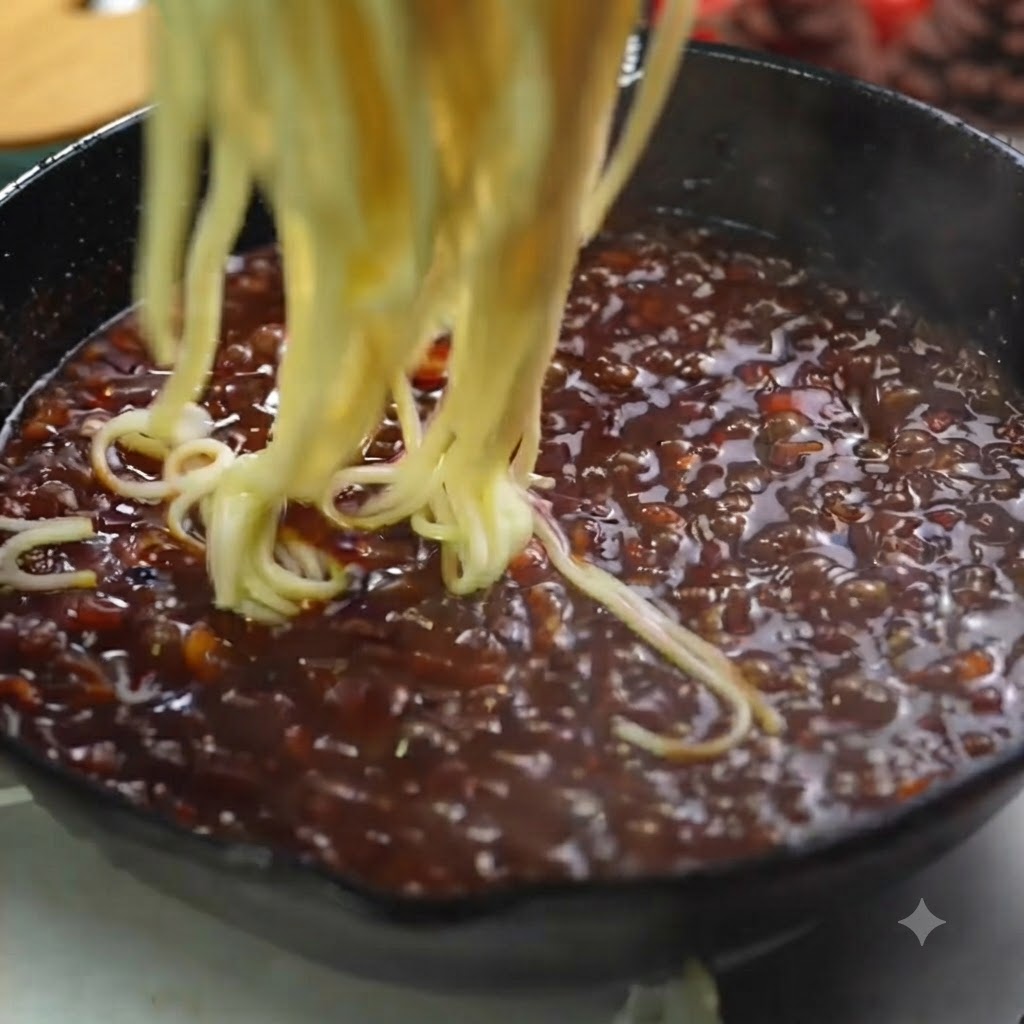 Frisch gekochte Spaghettinudeln werden in eine Pfanne mit reichhaltiger Trüffelpasta-Sauce gegeben.