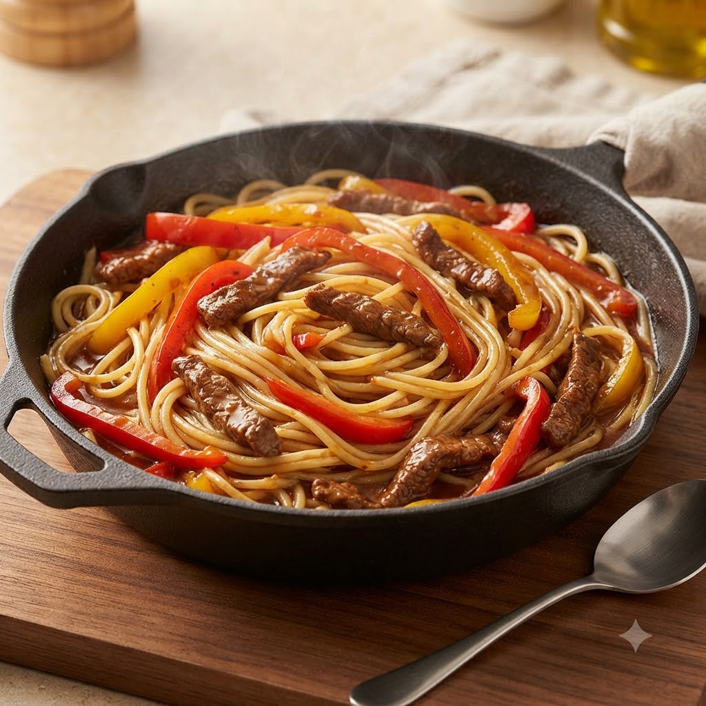 Eine Gusseisenpfanne gefüllt mit gekochten Spaghetti, Paprikastreifen und Rindfleischstücken in Sauce.