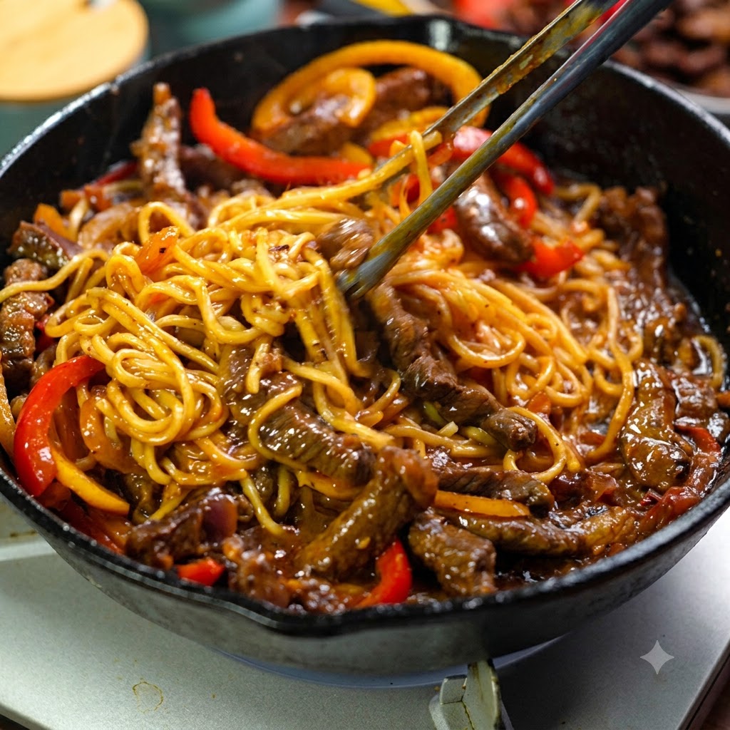 Eine Küchenzange schwenkt Spaghetti, Rindfleisch und Paprika in einer Pfanne mit reichhaltiger Sauce.