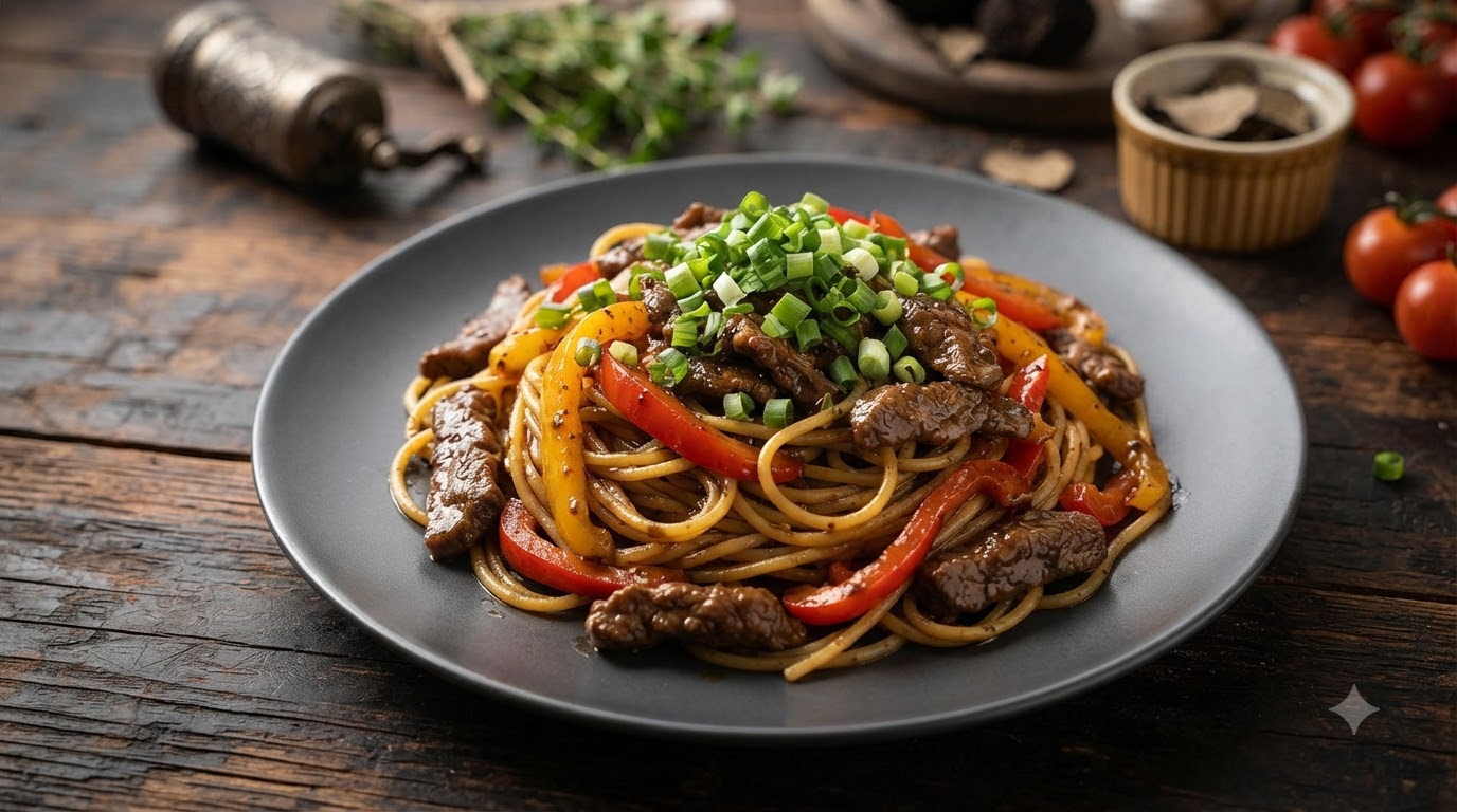 Spaghetti mit Schwarzem Trüffel und Rinderstreifen