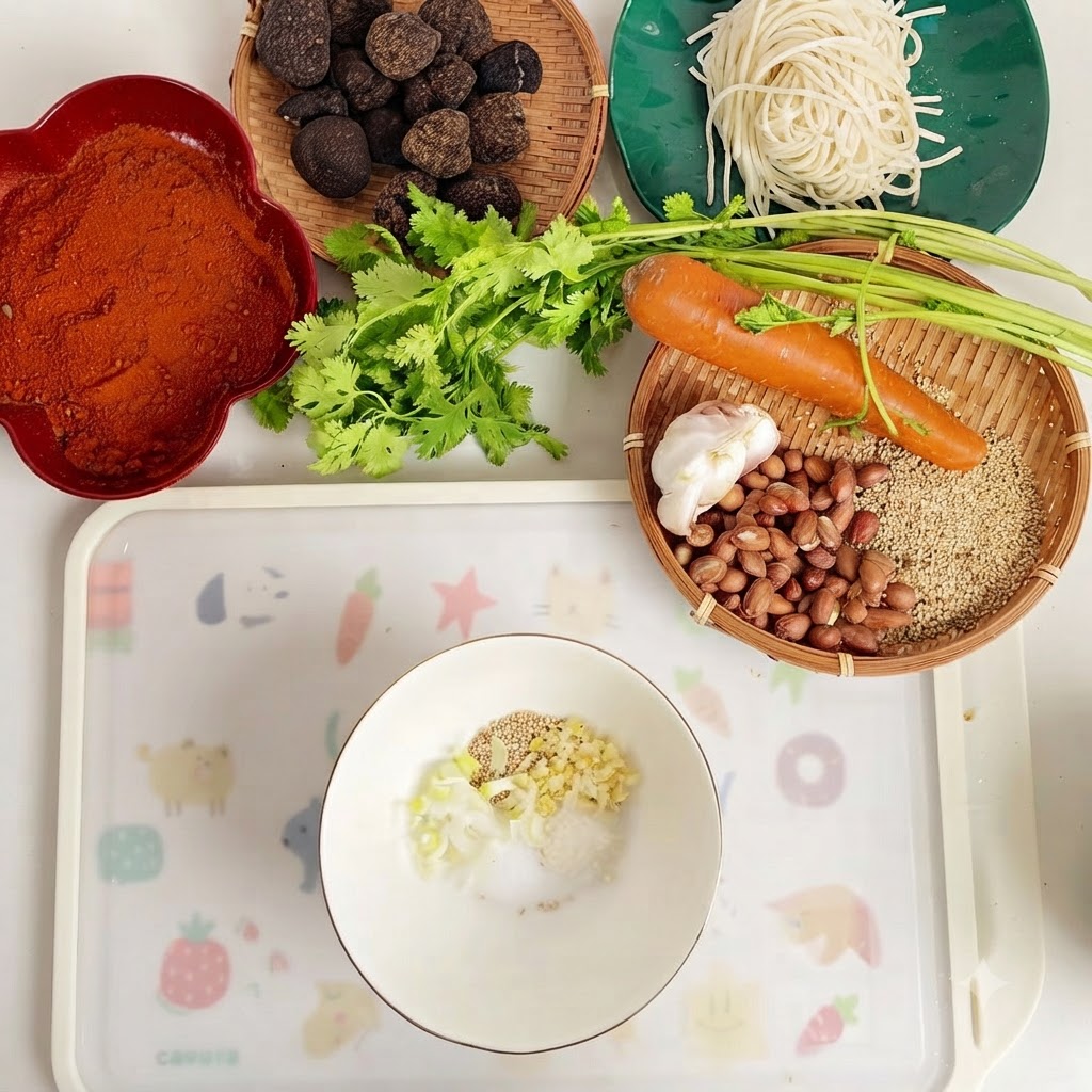 Eine weiße Schüssel mit Salz, Zucker, Sesamsamen, gehacktem Ingwer und Knoblauch, Chilipulver und gehacktem schwarzem Trüffel.