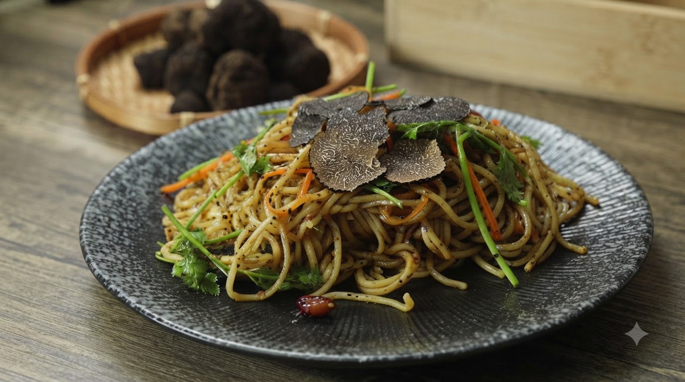 Hausgemachte Chiliöl-Nudeln mit frischem schwarzem Trüffel