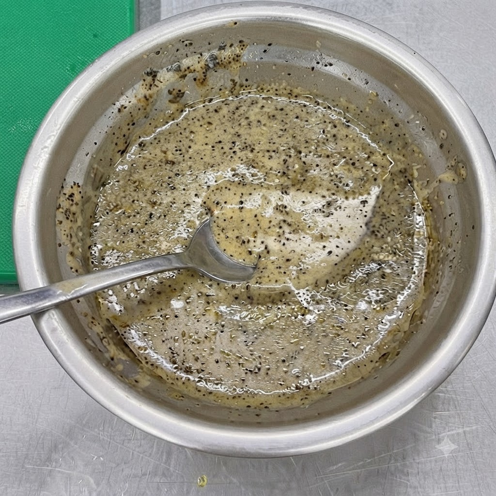 Eine kleine Metallschüssel mit einer dunkel gefärbten Trüffel-Sesam-Saucenmischung, die mit einem Löffel verrührt wird.