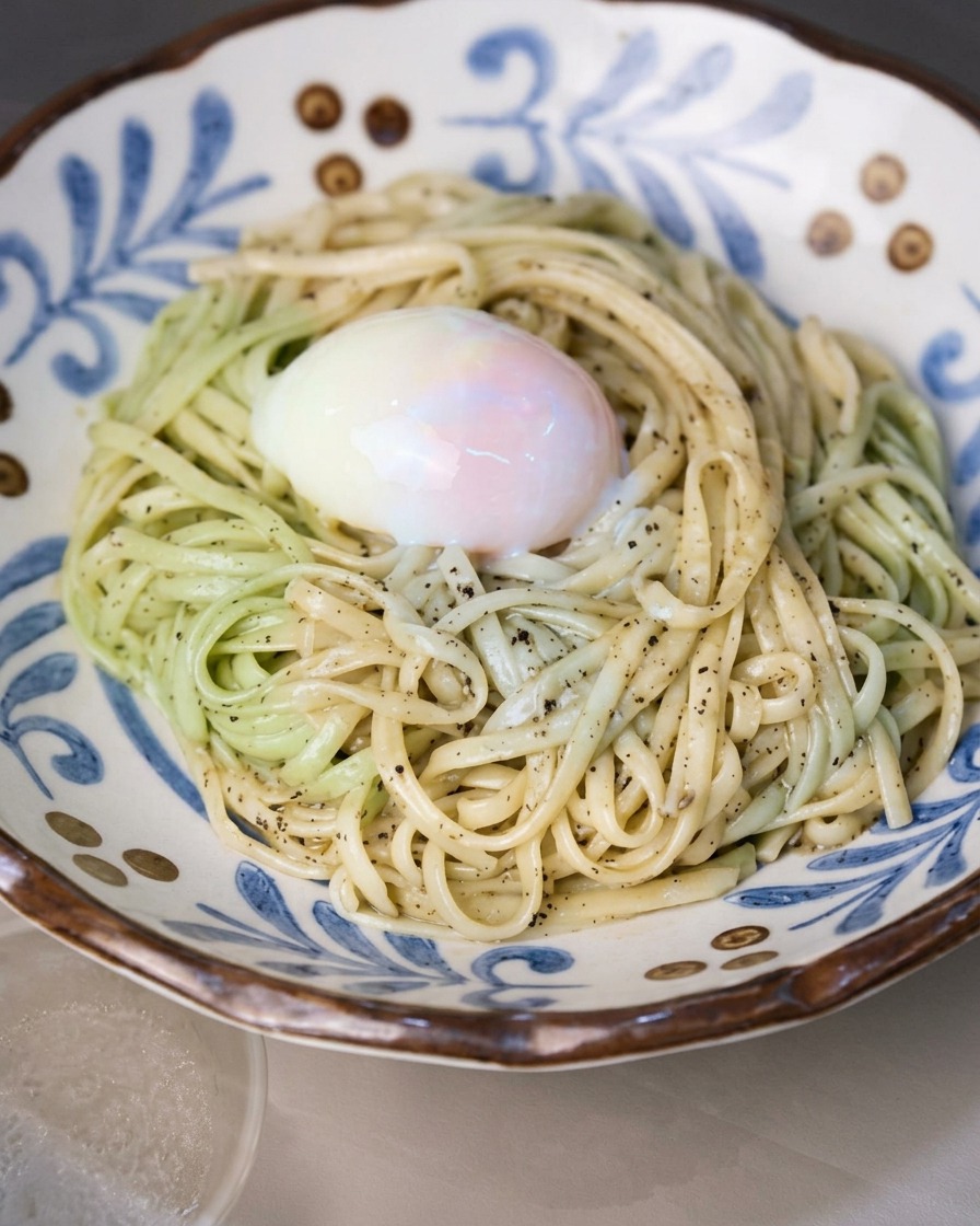 Mit Sauce umhüllte Nudeln, akkurat in einer dekorativen blau-weißen Keramikschüssel angerichtet.
