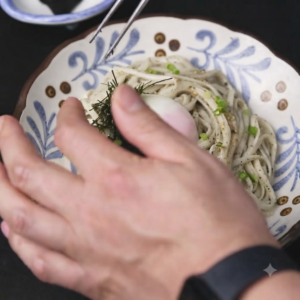 Hände platzieren mithilfe einer Pinzette feingeschnittenen Nori-Seetang auf dem angerichteten Nudelgericht.