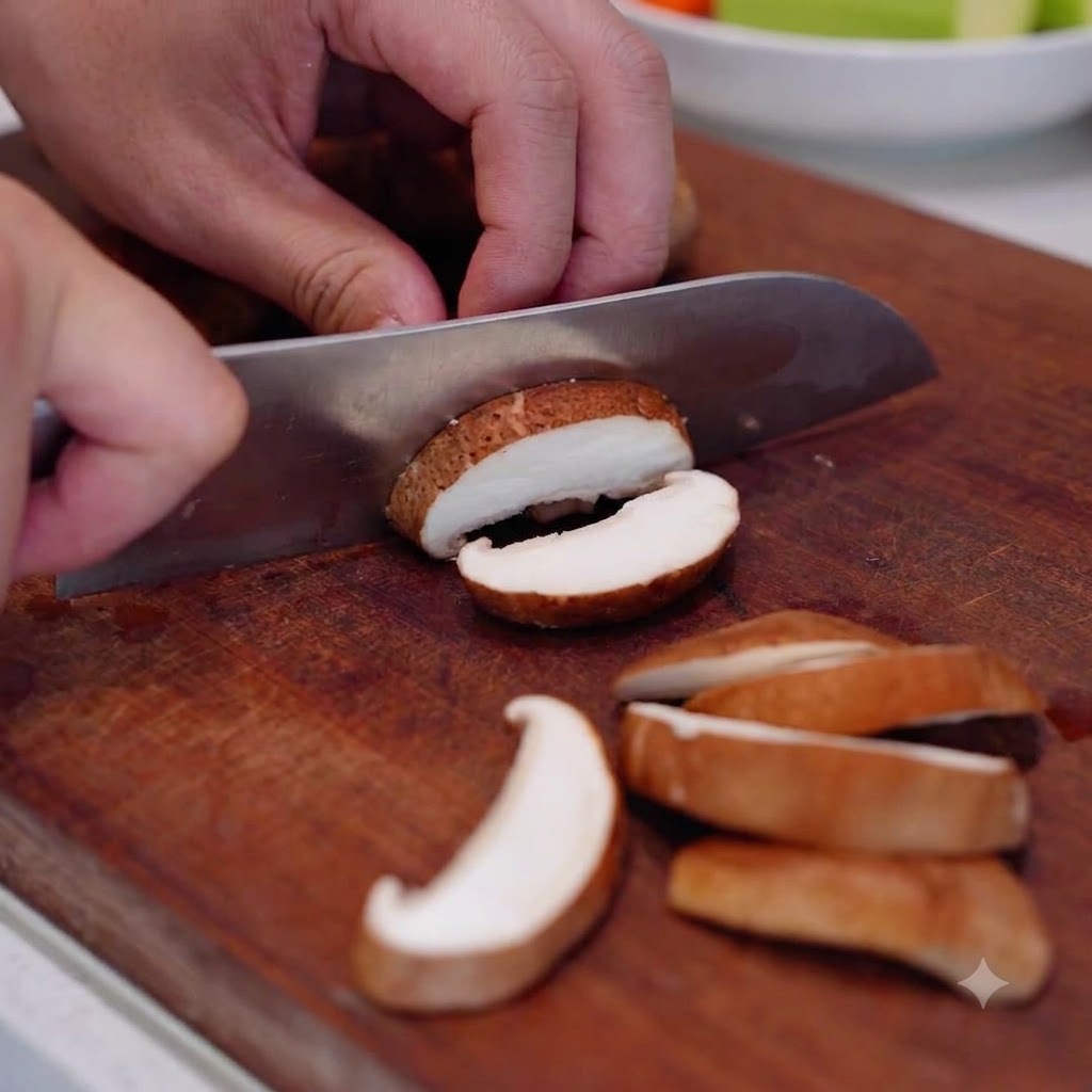 Ein Paar Hände schneidet frische Shiitake-Pilze mit einem Kochmesser in dicke Scheiben auf einem Holzschneidebrett.
