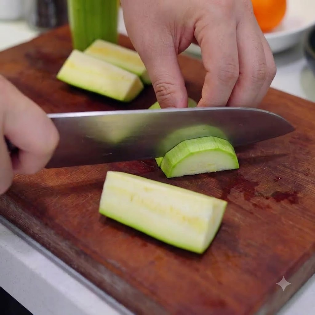 Eine Hand schneidet ein entkerntes Zucchinistück in lange Streifen auf einem Holzbrett.