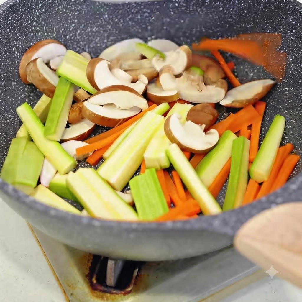Shiitake-Pilzscheiben, Karottenstreifen und Zucchinistreifen werden in einer heißen Pfanne angebraten.