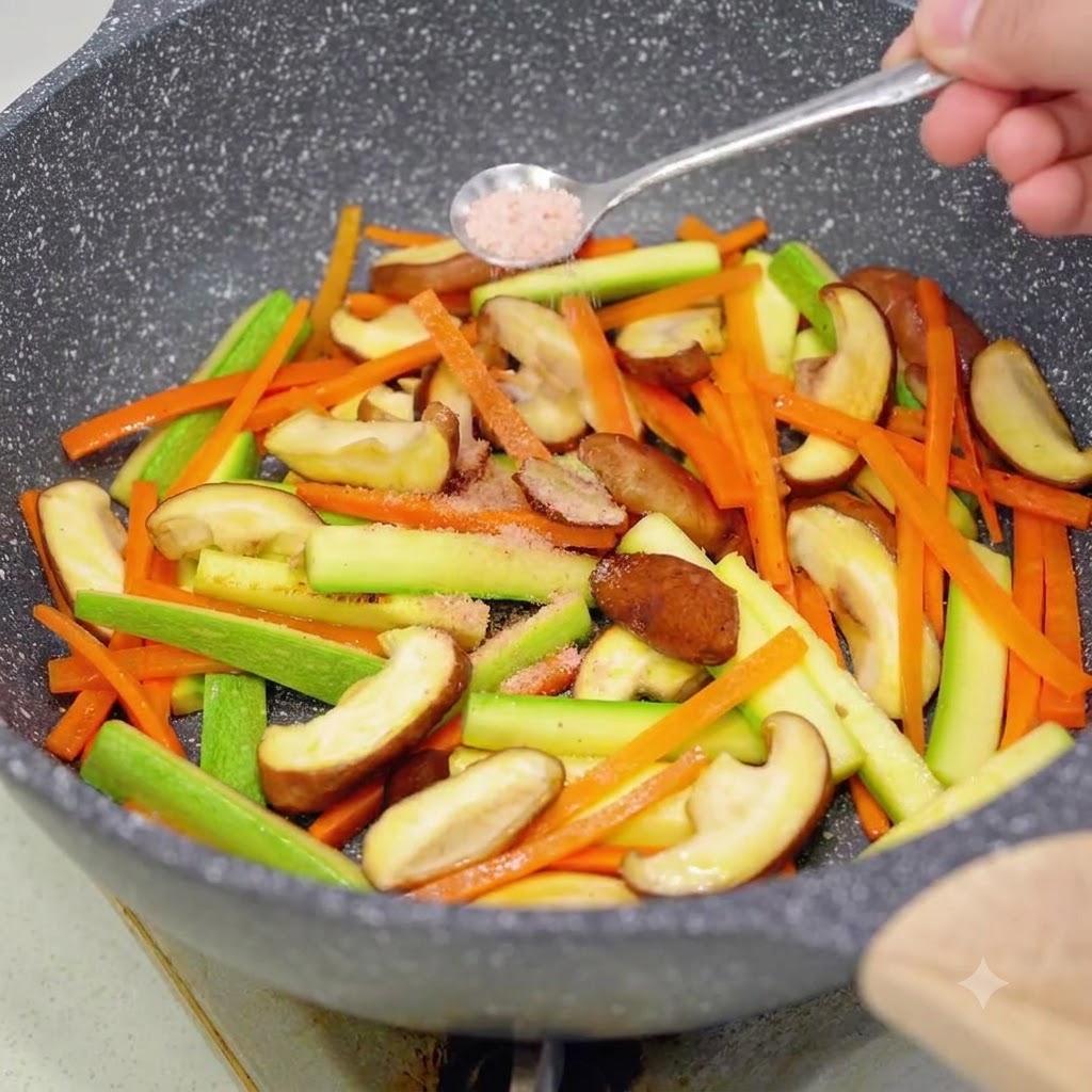 Ein kleiner Löffel gibt Rosensalz in eine Pfanne mit anbratenden Pilzen, Karotten und Zucchini.