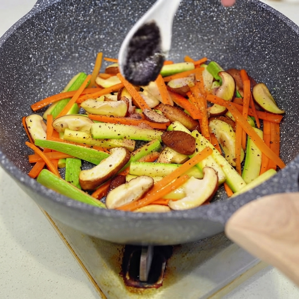 Ein weißer Löffel gibt einen Löffel dunkle schwarze Trüffelsauce in eine Pfanne mit gebratenem Gemüse.