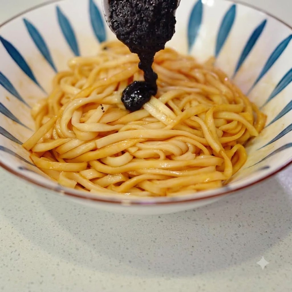 Ein großer Löffel dunkle schwarze Trüffelsauce wird auf die Nudelschüssel gegeben.