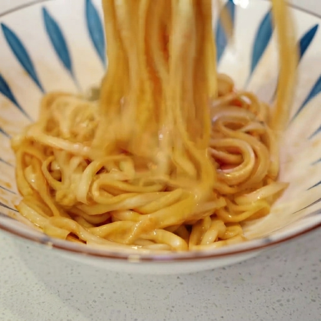 Essstäbchen vermischen die Nudeln und die Sauce in einer Servierschüssel miteinander.