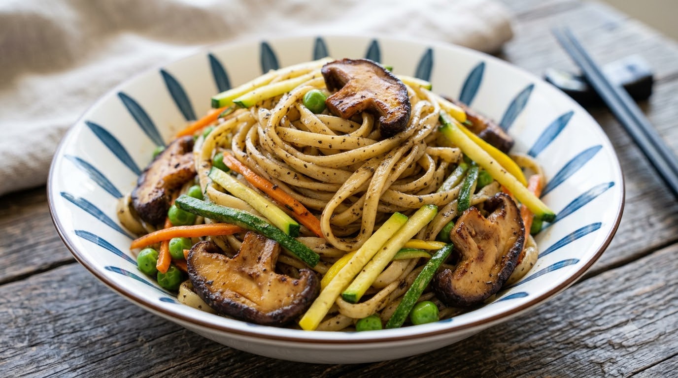 Eine Schüssel schwarze Trüffel-Mischudeln mit Shiitake-Pilzen, Zucchini, Karotten und Erbsen