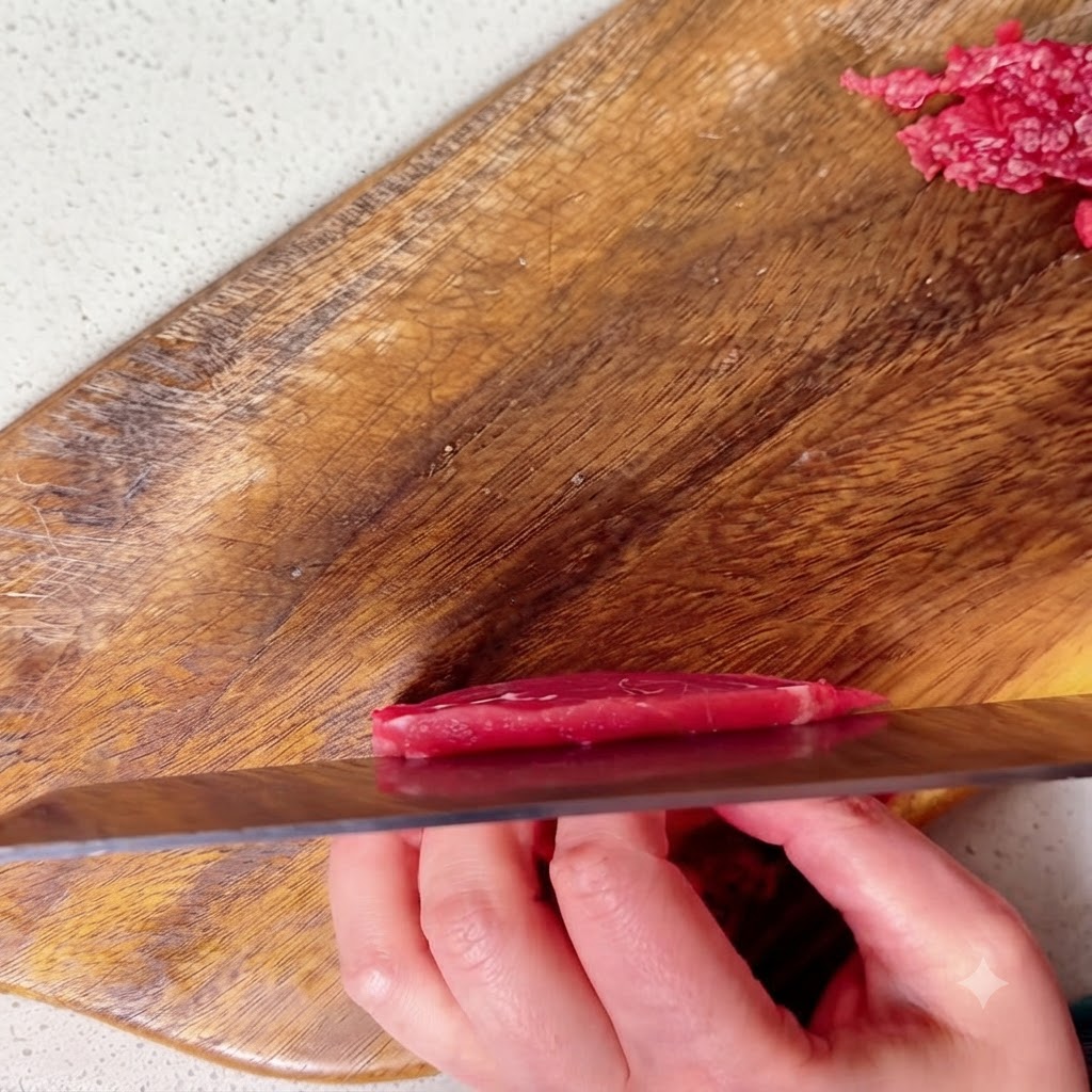Nahaufnahme von Rinderfilet, das auf einem Holzbrett in kleine Stücke geschnitten und gewürfelt wird.