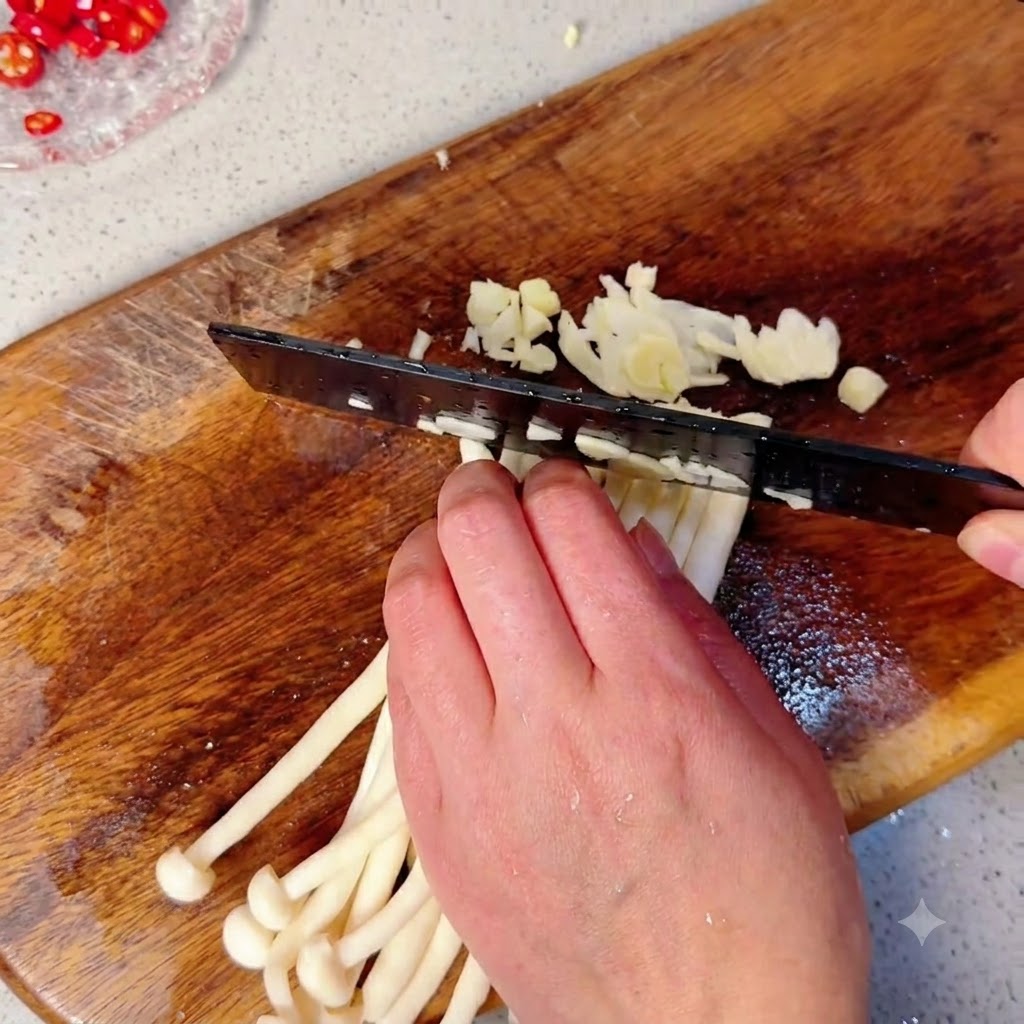 Shimeji-Pilze werden neben gehackten Chilischoten auf einem Holzbrett in kleine Stücke geschnitten.