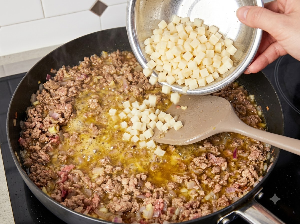 Gehackte Pilze werden aus einer Schüssel in die Pfanne mit Rindfleisch und Zwiebeln gegeben.