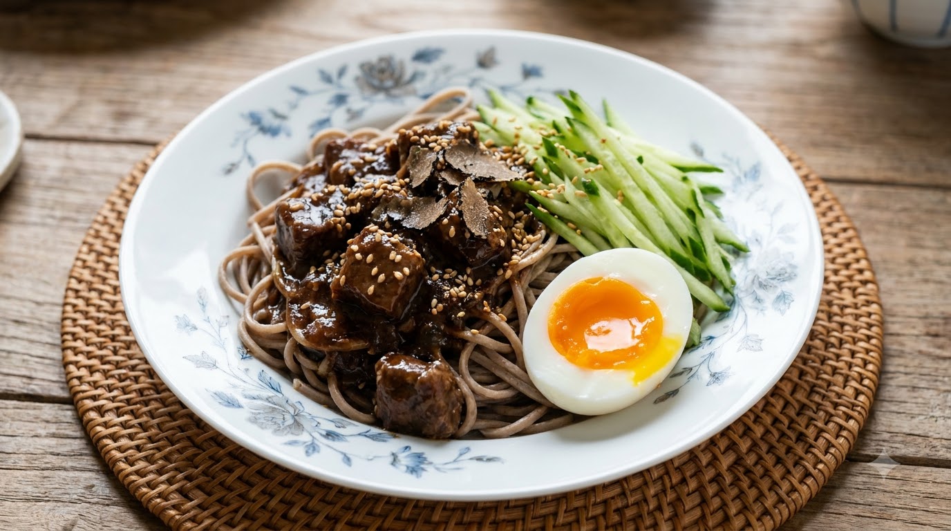 Soba Nudeln mit Schwarzem Trüffel und Rindfleischsauce