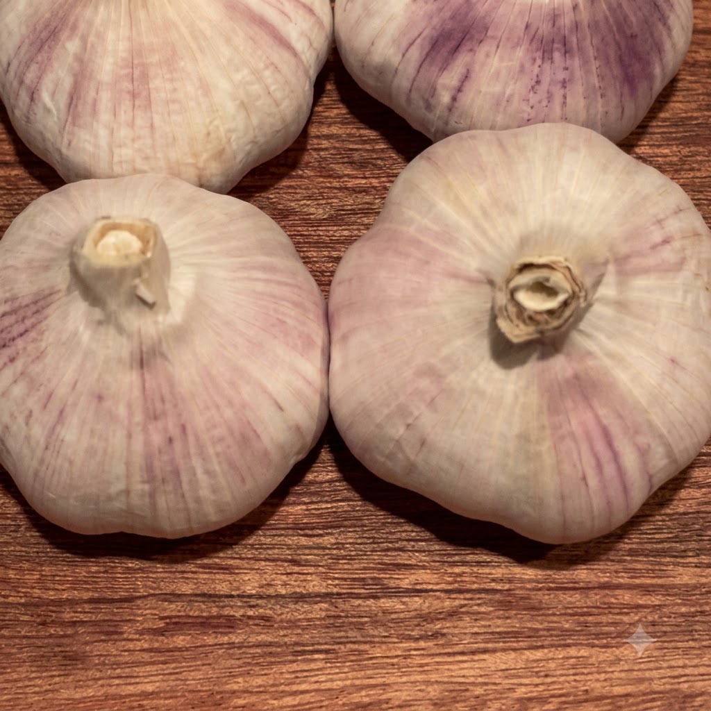 Auf einem Holzschneidebrett liegende Knoblauchzehen, die mit einem Küchenmesser in dünne Scheiben geschnitten werden.