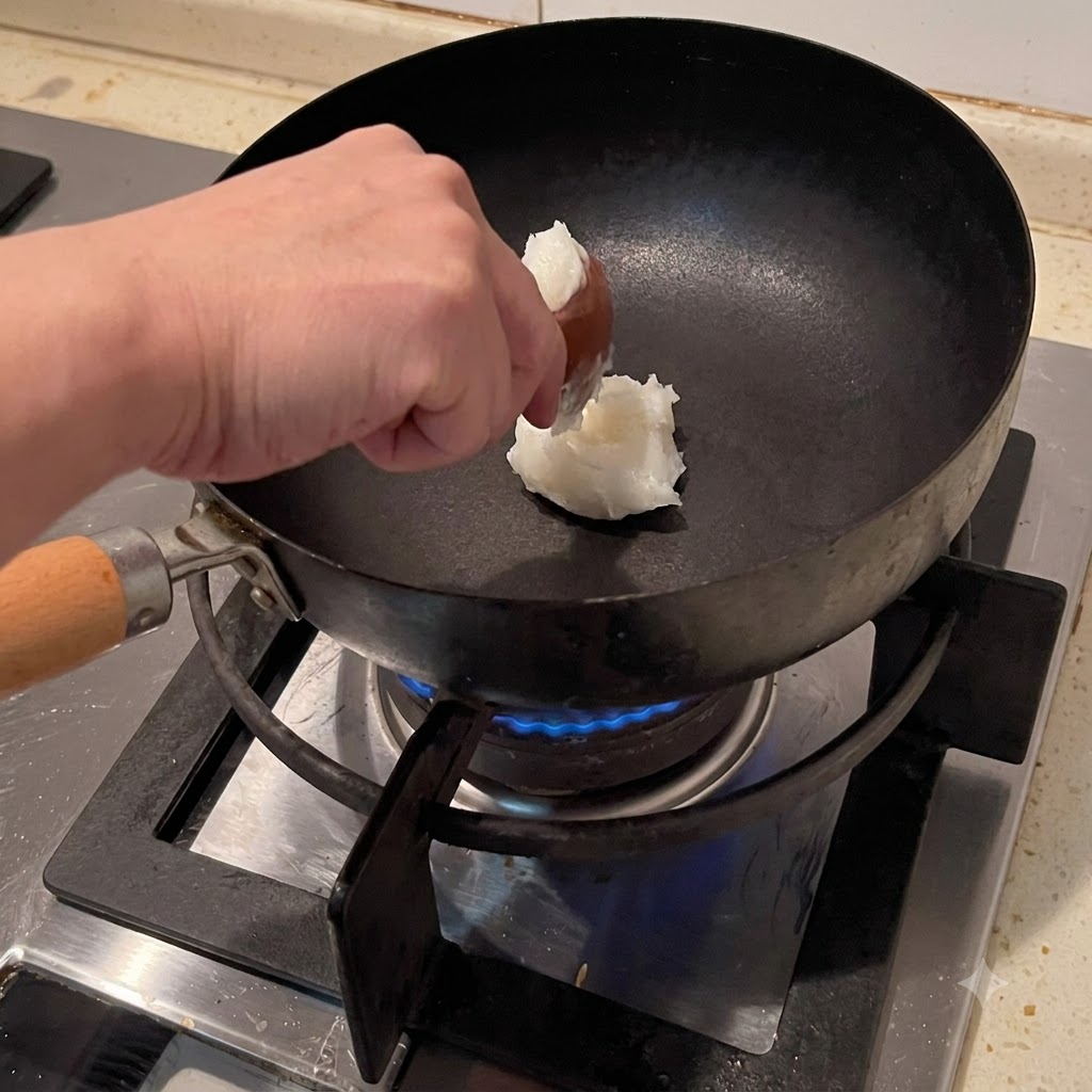Schmalz wird in einen heißen Wok gegeben und schmilzt über einer blauen Flamme zu Öl.