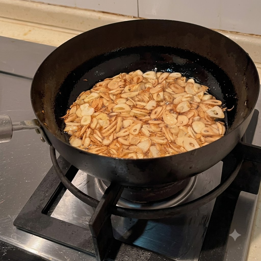 Goldbraune Knoblauchchips frittieren gleichmäßig in Öl in einer Pfanne.