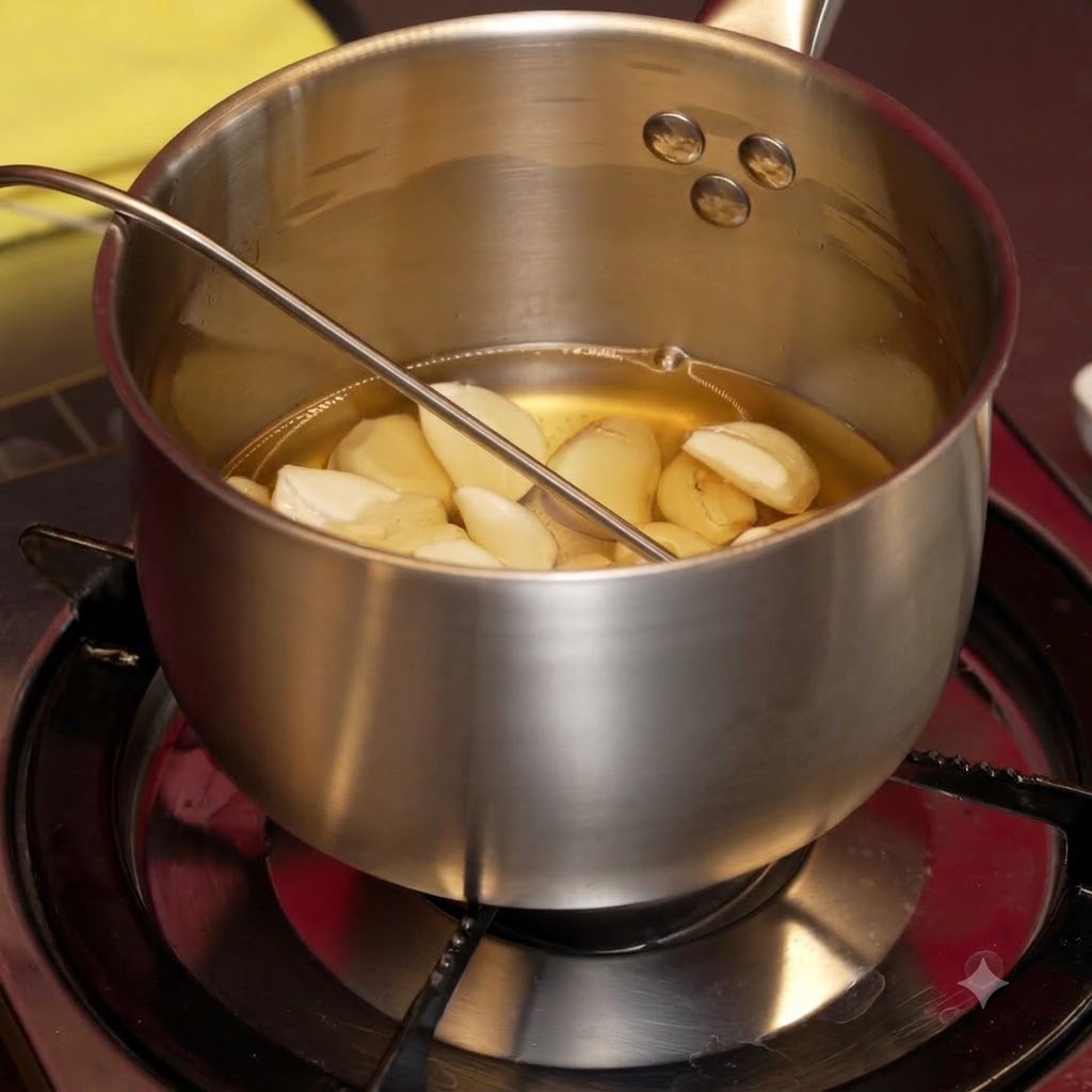 Knoblauchzehen braten im Öl, bis sie vollständig schwarz sind.