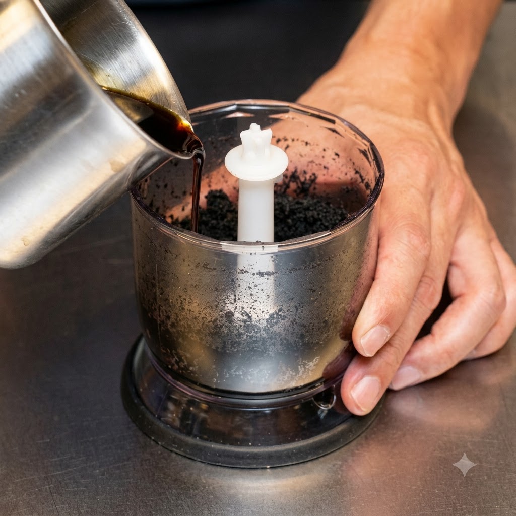 Schwarzes Knoblauchöl wird in eine Küchenmaschine mit Knoblauchpulver gegossen.