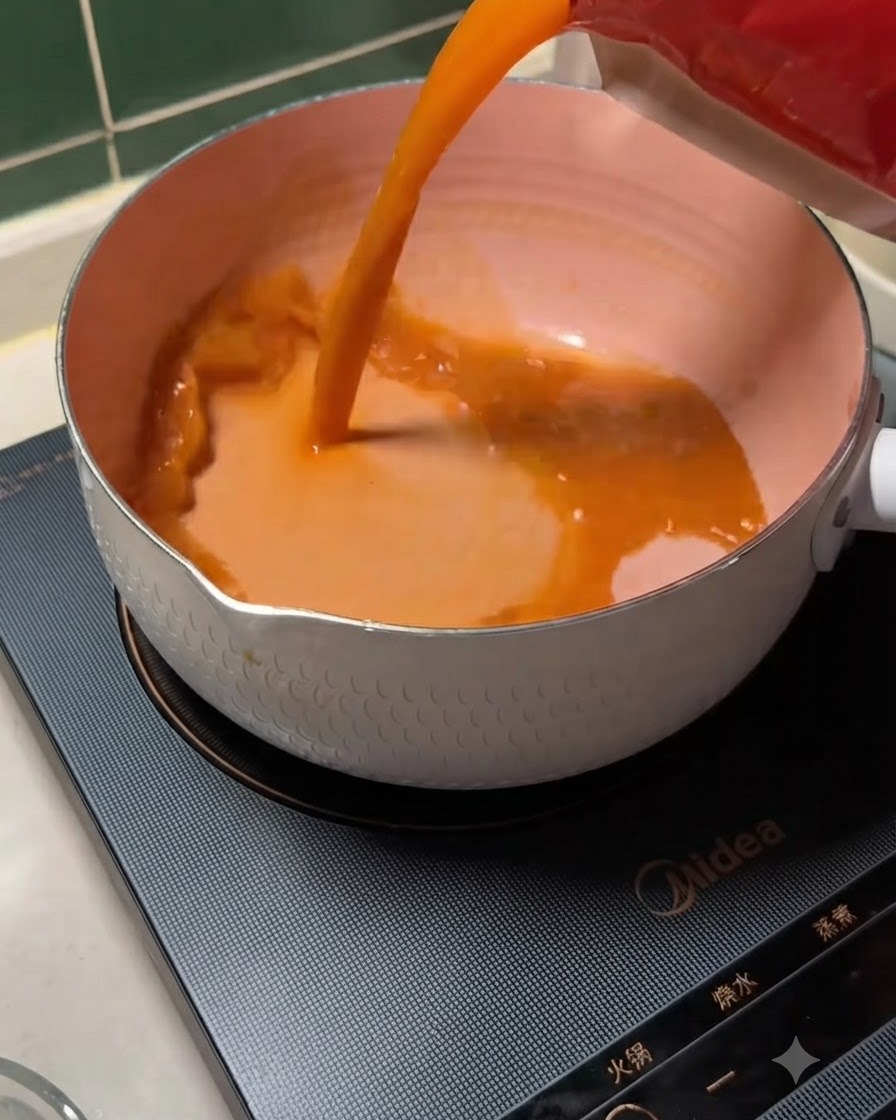Rote Verpackung, aus der dicke, orangefarbene japanische scharfe Miso-Suppenbasis in einen weißen Topf auf einem schwarzen Induktionsherd gegossen wird.