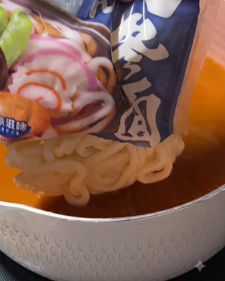 Ein Block weißer Udon-Nudeln wird aus einer blauen Verpackung in die orangefarbene Suppenbrühe in einem weißen Topf gegeben.