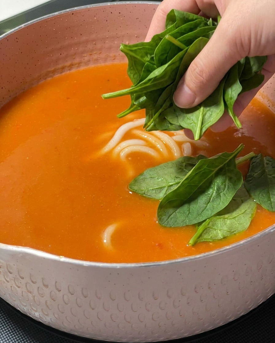 Frische grüne Spinatblätter werden von Hand in einen Topf mit orangefarbener scharfer Miso-Suppe und Udon-Nudeln gegeben.